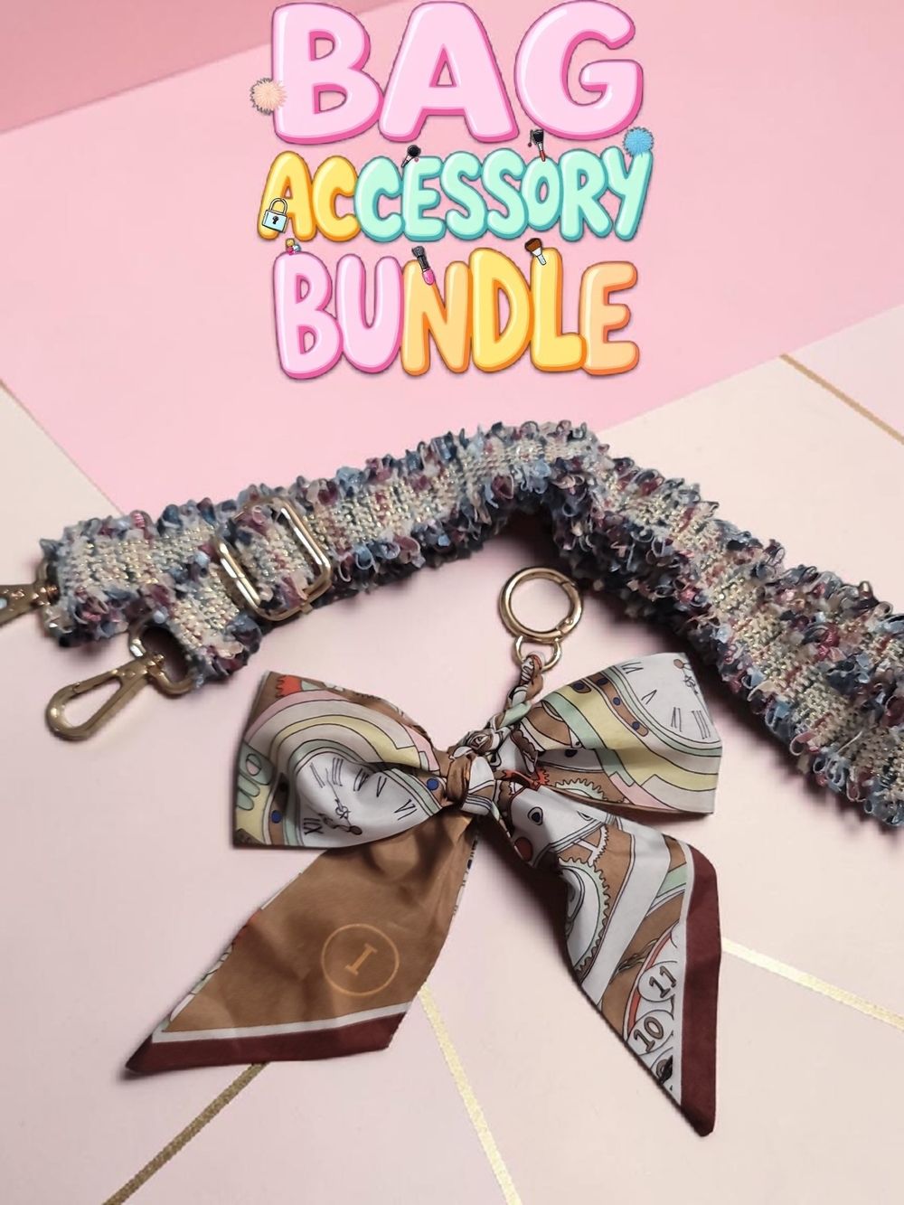 Stylish Multicolor Tweed Bag Strap with Brown Printed Bow Charm 8pc Set